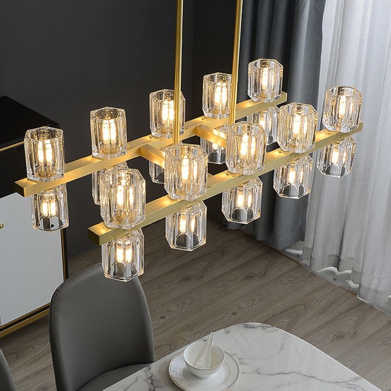 Cylindrical Crystal Island Pendant Postmodern 10/20 Lights Dining Table Hanging Light Fixture in Gold