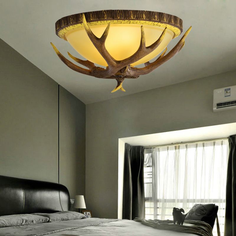 Brown 3 Lights Flush Mount Lighting Traditional Bamboo Dome Ceiling Mounted Fixture, 23.5"/16.5"/12.5" Wide