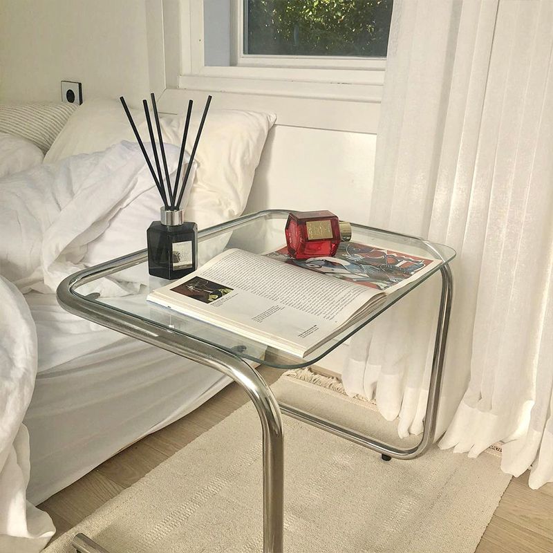 Contemporary Sled Glass Metal Side Table Rectangular Bedside End Table