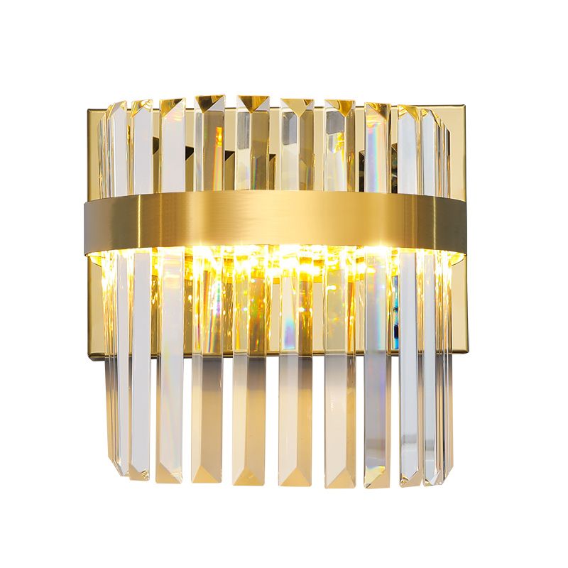 Demilune Cylinder Wall Light Sconce Contemporary Crystal Prism 2 Heads Wall Mounted Lighting in Gold