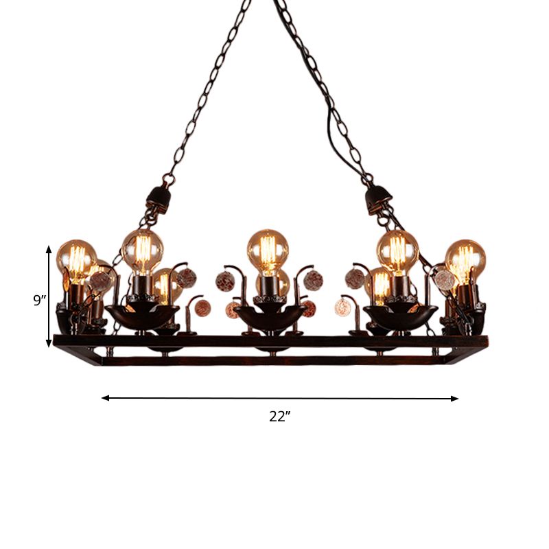 Rust Rectangular Pendant Chandelier Industrial Metal 10-Head Bedroom Hanging Ceiling Light