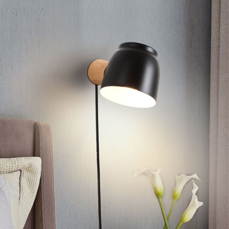 Asian Dome Sconce Light Wooden 1 Head Bedroom Wall Lighting Fixture in Black