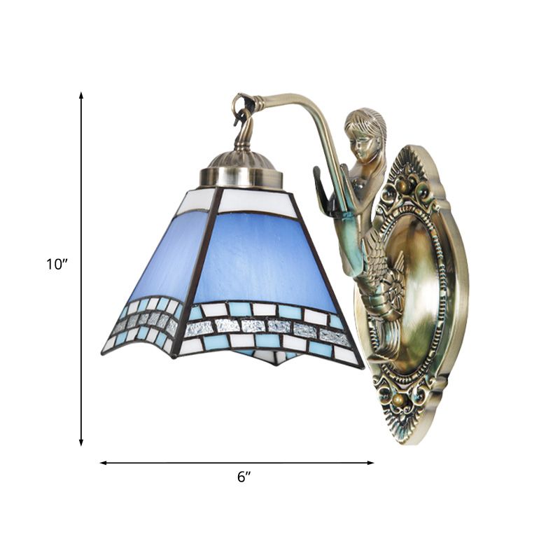 Trapezoid Wall Light Fixture Mission Blue Cut Glass 1-Light Bronze Wall Mount Lamp with Mermaid Arm