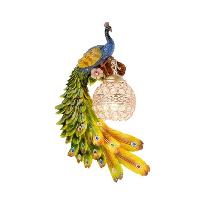 Resin Wall Light Sconce Peacock 1 Light Traditional Wall Mount Lamp with Globe Crystal Embedded Shade