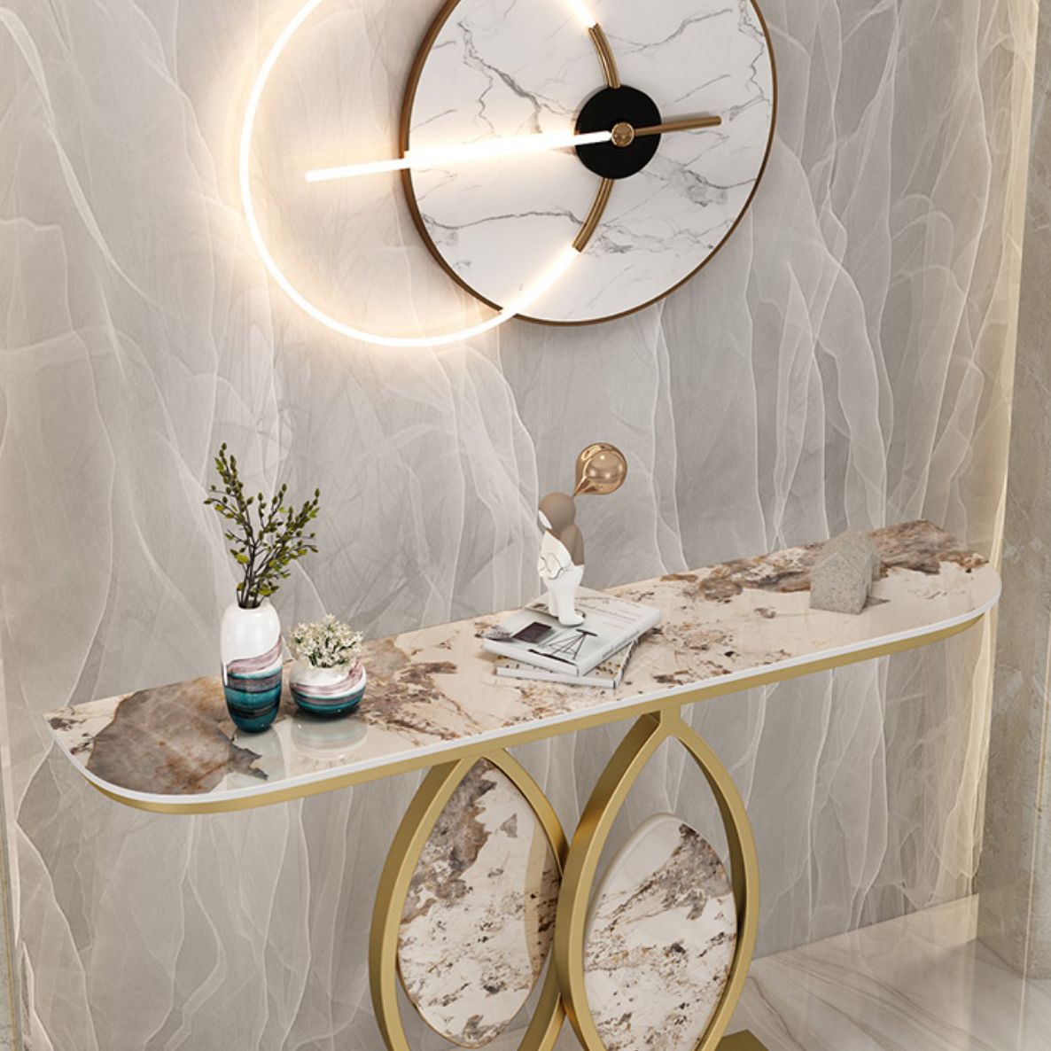 Scratch Resistant,11.81" W x 31.49" H Stone Glam Half Moon Table for Hall