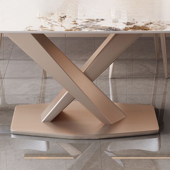 Mesa de comedor rectangular de estilo moderno de metal, mesa superior de piedra sinterizada para comedor