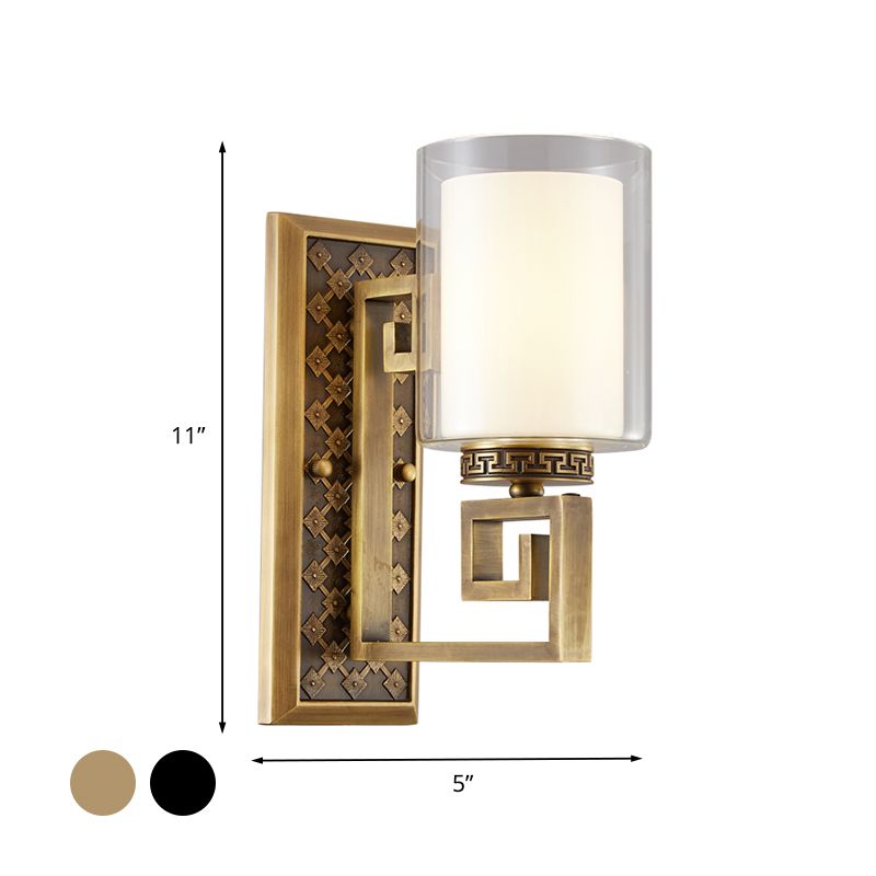 Antiqued Gold/Black Sconce Ideas Traditional Transparent and Matte Glass Dual Shade Pillar Wall Mounted Light