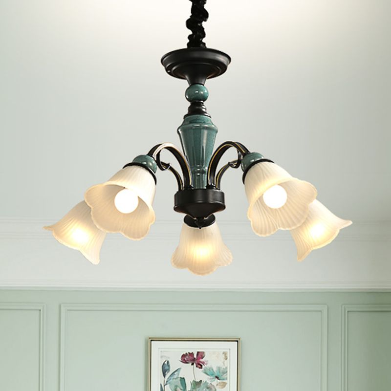 Green Flower Shade Flush Mount Light Retro Ribbed Glass Living Room Semi Flush Chandelier
