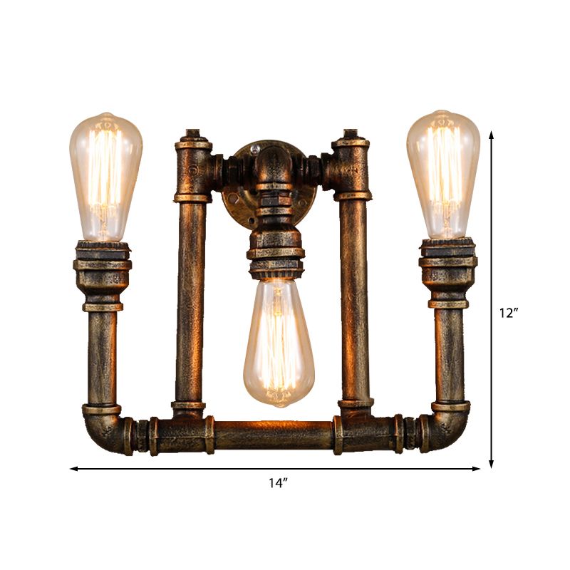 Industrial Exposed Sconce Light with Pipe Design 3 Heads Wrought Iron Wall Lamp in Aged Brass for Hallway