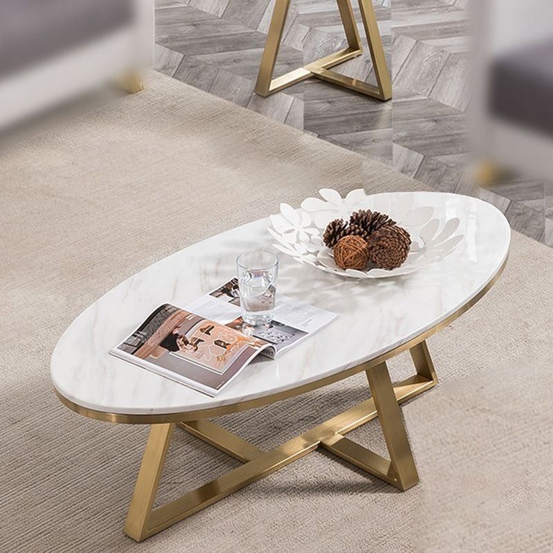 Glam Metal Cross Legs Coffee Table Faux Marble Oval Coffee Table