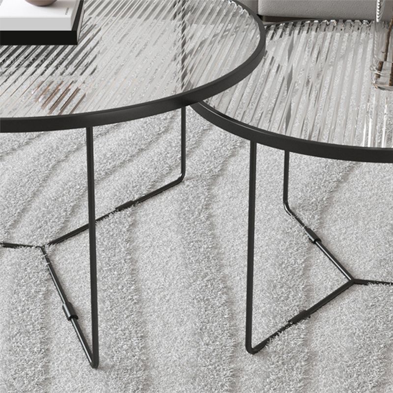 Contemporary Round Glass Top Metal Cross Legs Nesting Coffee Table