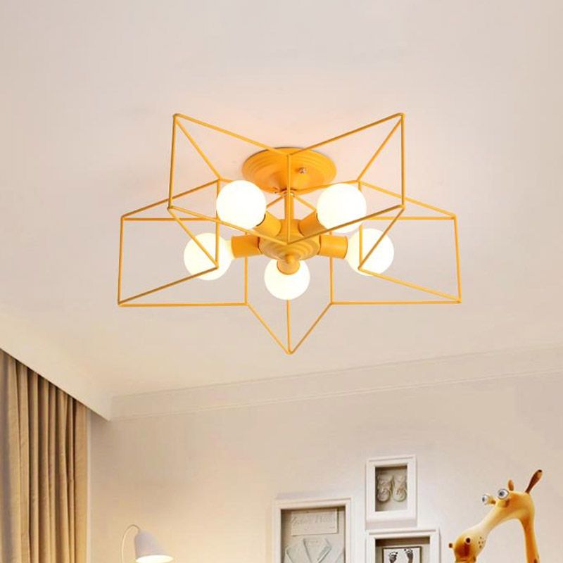 Pentacle Frame Iron Flush Mount Light Kids 5-Bulb Pink/Grey/Blue Semi Flush Ceiling Light for Baby Room