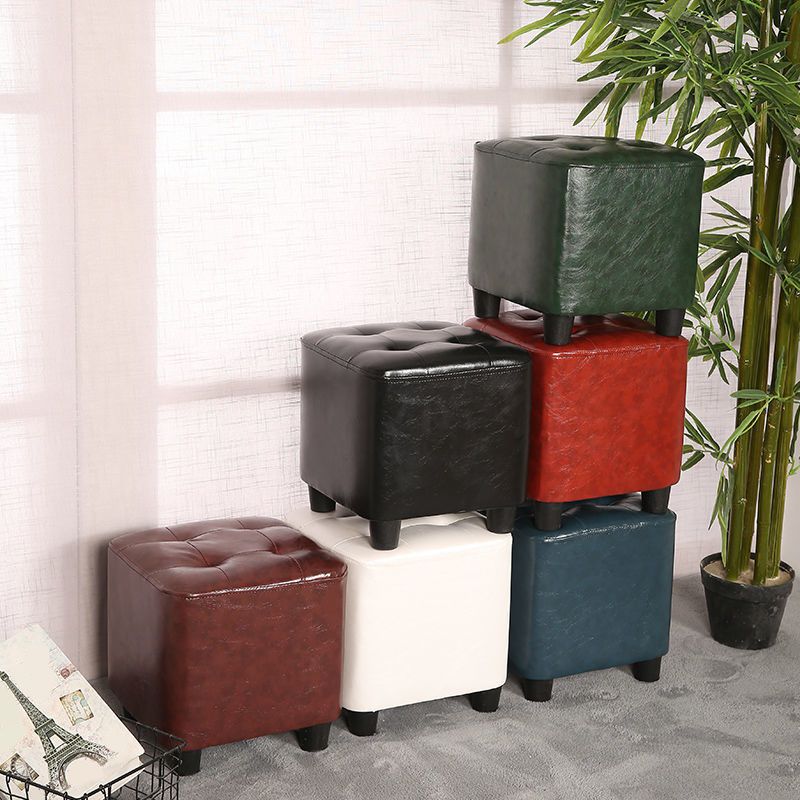 Modern Square Pouf Pure Color Tufted Upholstered Faux Leather Cube Ottoman