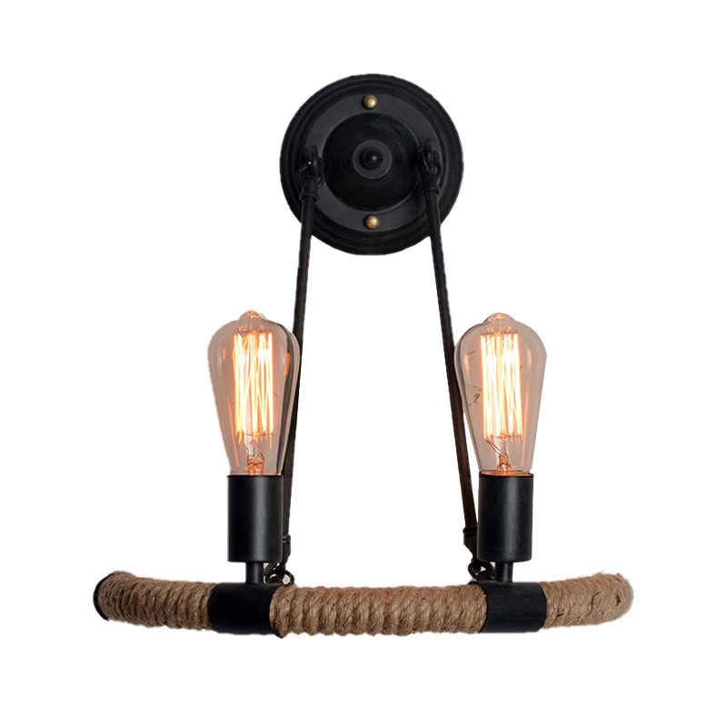 Expose Bulb Metal Wall Light Vintage 2-Light Porch Wall Sconce Lighting with Rope-Woven Arm in Black