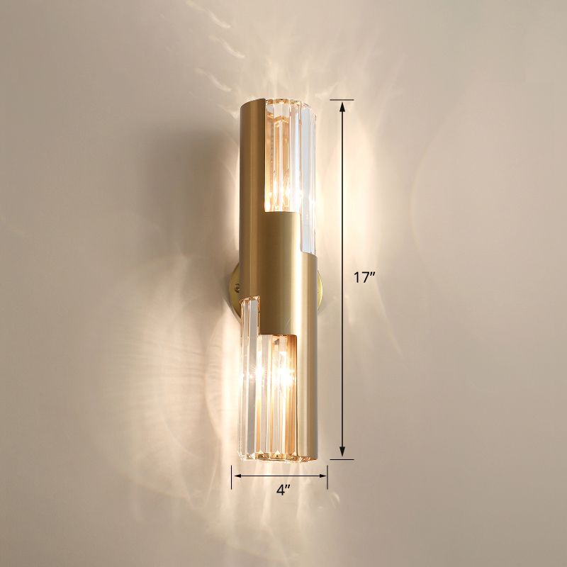 Pole Shaped Living Room Wall Sconce K9 Crystal 2-Bulb Minimalist Wall Mount Lamp in Gold