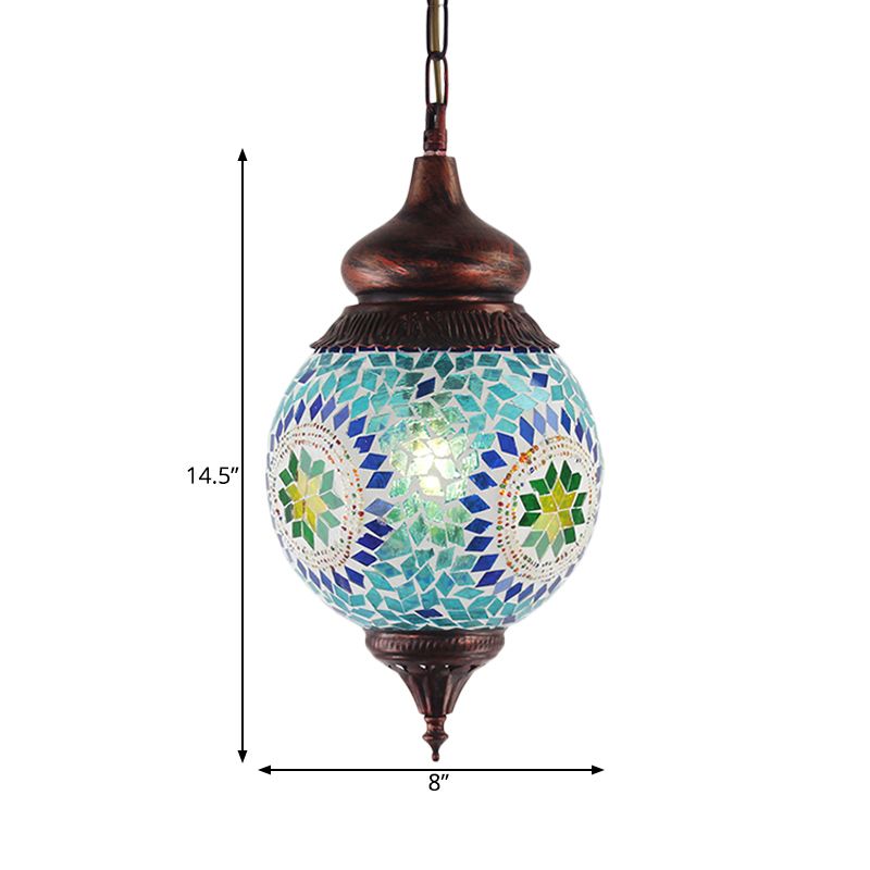 1 Light Spherical Pendant Light Fixture Moroccan Blue Metal Hanging Lamp Kit for Dining Room