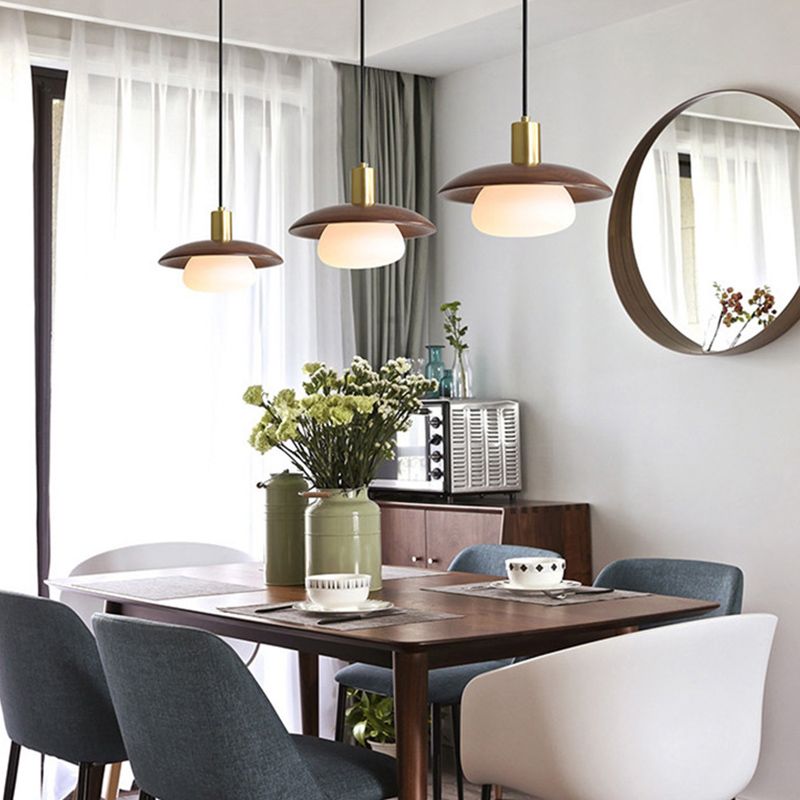 Dark Brown Saucer Pendant Lighting Simple 1-Light Wooden Ceiling Light with White Glass Shade