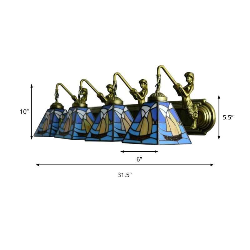 Stained Glass Blue Sconce Light Sailboat 4 Heads Mediterranean Wall Mount Light Fixture