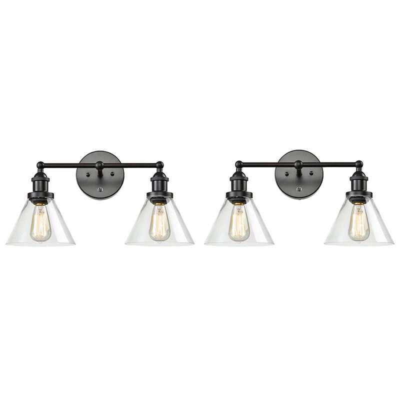 Conical Shade Industrial Wall Mounted Lamp 2 Lights Vanity Sconce in Clear Glass Cage