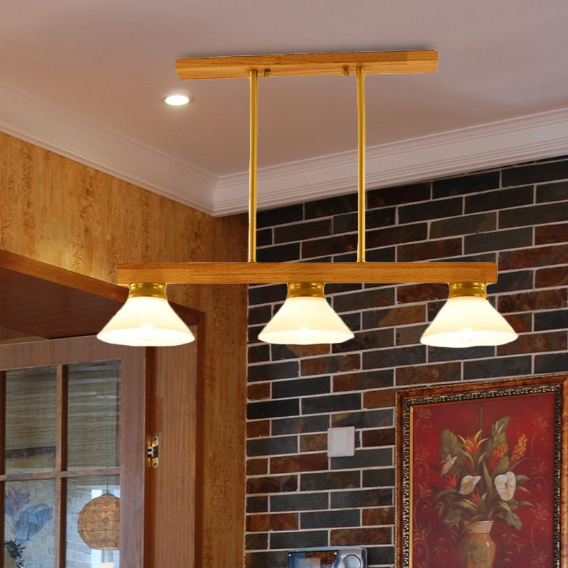 Wooden Cone Shade Island Chandelier 3/4 Heads Nordic Style Linear Pendant Light over Kitchen Island