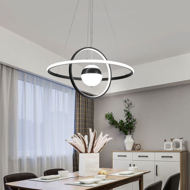 Ball and Ring Shaped Chandelier Minimalistic Acrylic Black Ceiling Pendant Light over Table