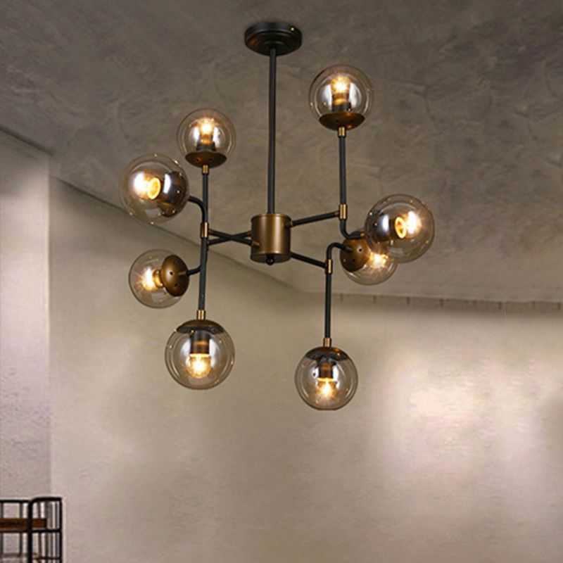 Black/Chrome/Clear Glass Globe Hanging Chandelier Industrial 8/9-Light Living Room Pendant Light