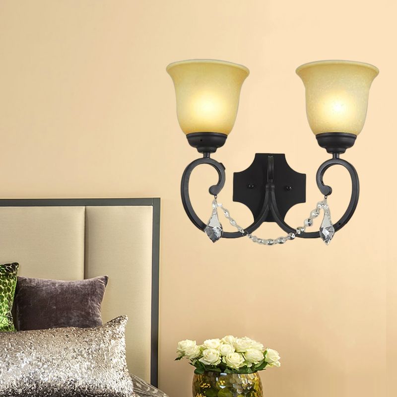 2 lichten gang muur gemonteerd lamp vintage zwart sconce licht met bel amber glazen schaduw