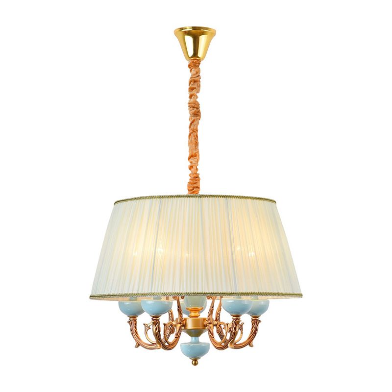 Classico lampadario a sospensione del tamburo 5 ciondoli in tessuto in tessuto in bianco per sala da pranzo