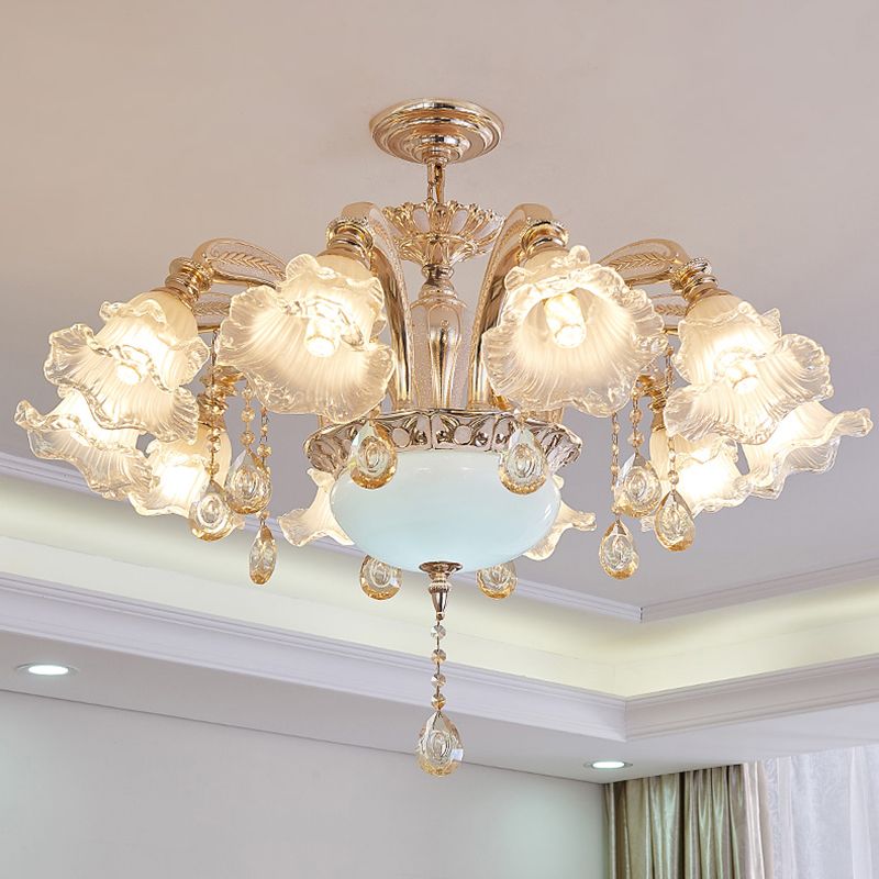 Lustre floral vintage Light Light Light Roubed Glass Hanging Light avec un accent en cristal