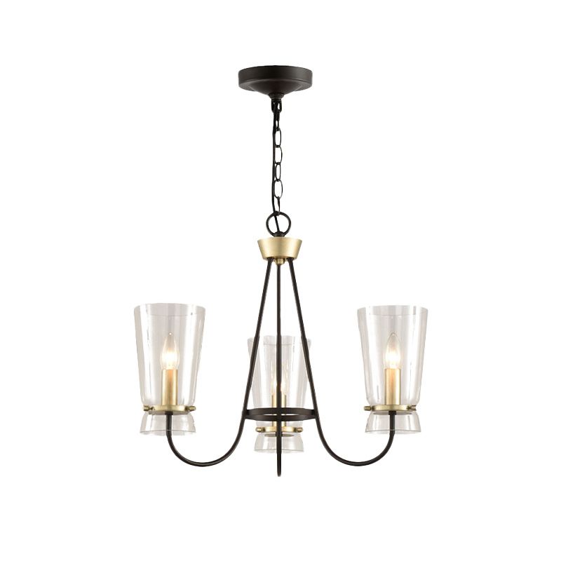 Heldere glazen kegel hangende kroonluchter vintage 3/6 lichten slaapkamer suspensielamp in zwart met gebogen arm