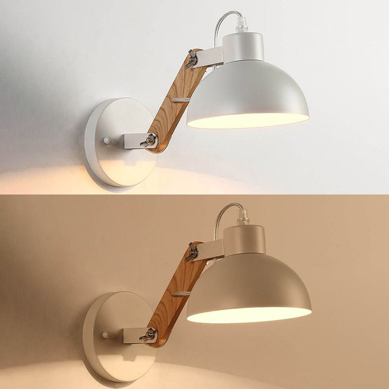 Industrial Wall Lamp with Wood Swing Arm Dome Metal Shade Wall Mount Light for Bedroom Bedside