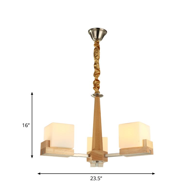 Radial Hanging Light Fixture Contemporary Wood 3/5/8 Bulbs Bedroom Chandelier with Cube Acrylic Shade