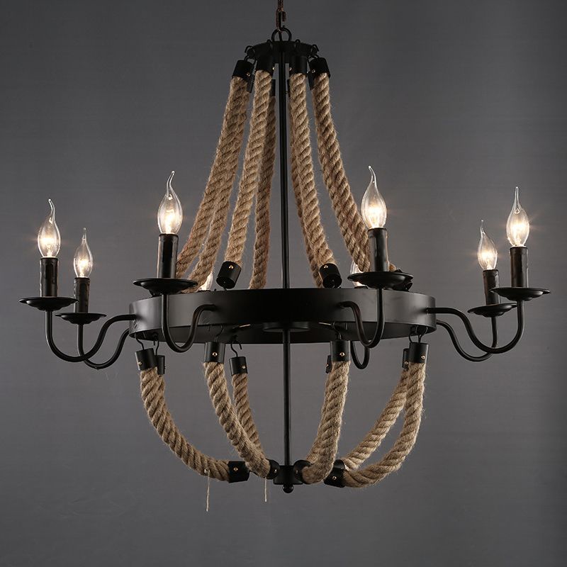Loft Style Candelabrum Chandelier 8 Bulbs Hemp Rope Hanging Lamp in Black for Living Room