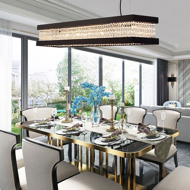 Black/Gold Rectangle Hanging Lighting Contemporary Clear Crystal 6/7/9 Lights Island Pendant Lighting
