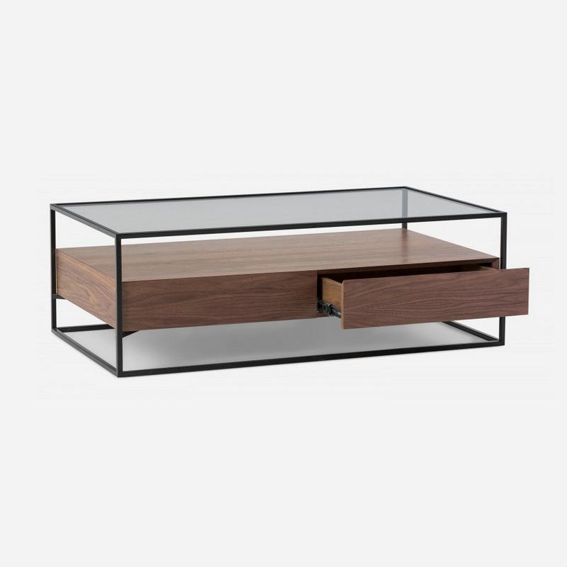 17.7" H Modern Rectangle Glass Coffee Table Metal Frame Cocktail Table with Storage