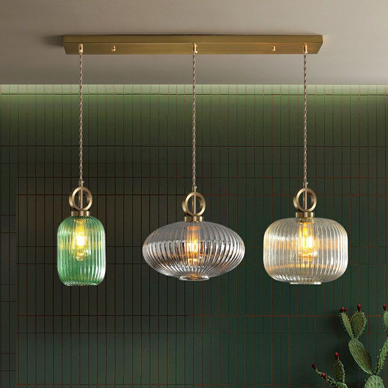 Pendante a sospensione multi-luce a forma geometrica moderna vetro a costola 3 lampadine in ottone sospensione lampada