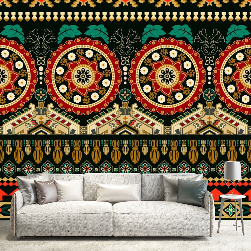Mandala Seamless Pattern Wallpaper Mural Bohemian Non-Woven Cloth Wall Art in Yellow-Green