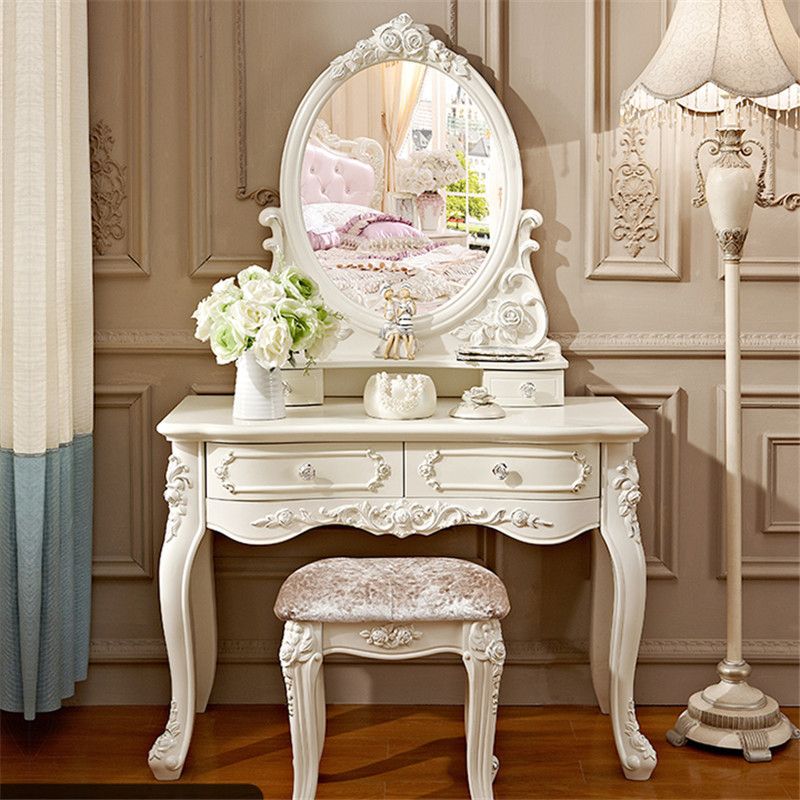 Victorian Mirrored Wood Makeup Dressing Table Stool Set in White