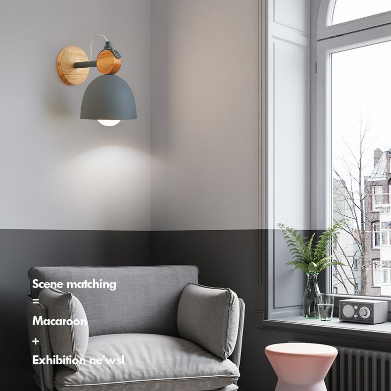 Wooden Dome Single Wall Light in Modern Concise Style Wrought Iron Wall Sconce for Interior Spaces