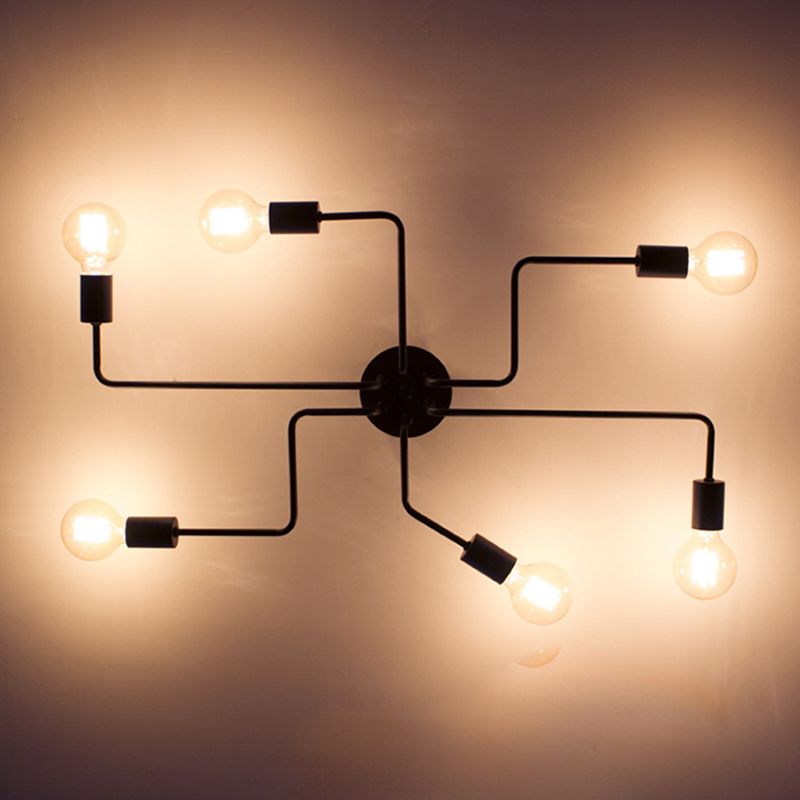 Vintage Industrial Style Open-bulb Ceiling Light Spider Shaped Wrought Iron Semi Flush-mount Lamp for Living Room
