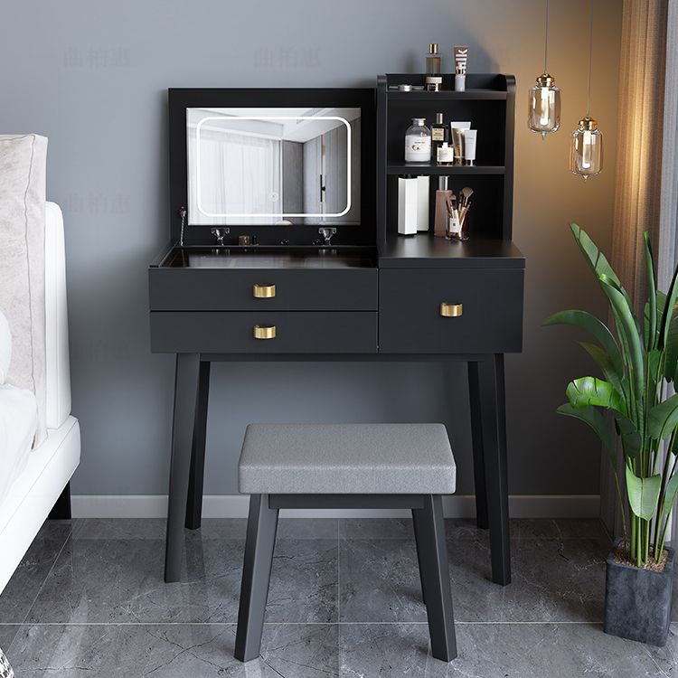 Flip-Top Vanity Table 3-Drawer Stool Vanity Set with Storage Shelves