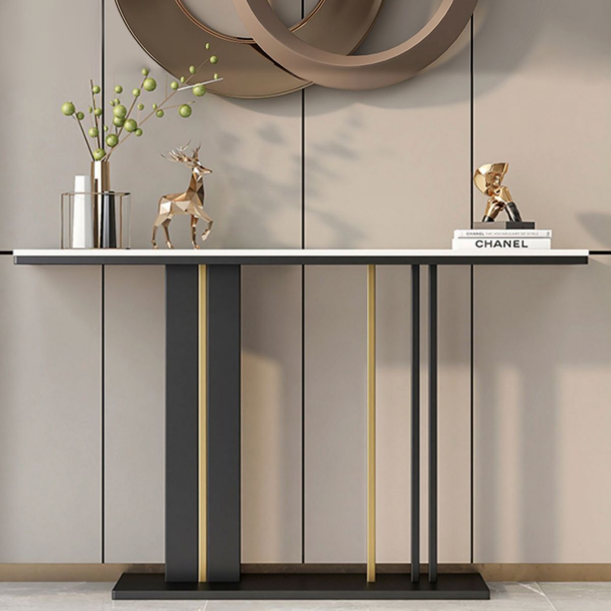 Modern Marble Top Console Table with Rectangle Top and Pedestal Base