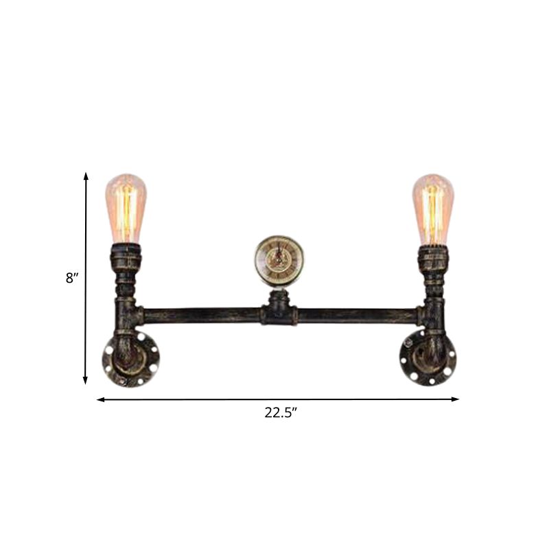 Iron Bronze Finish Wall Mount Lamp Bare Bulb 2-Head Antiqued Sconce Lighting with Gauge Deco