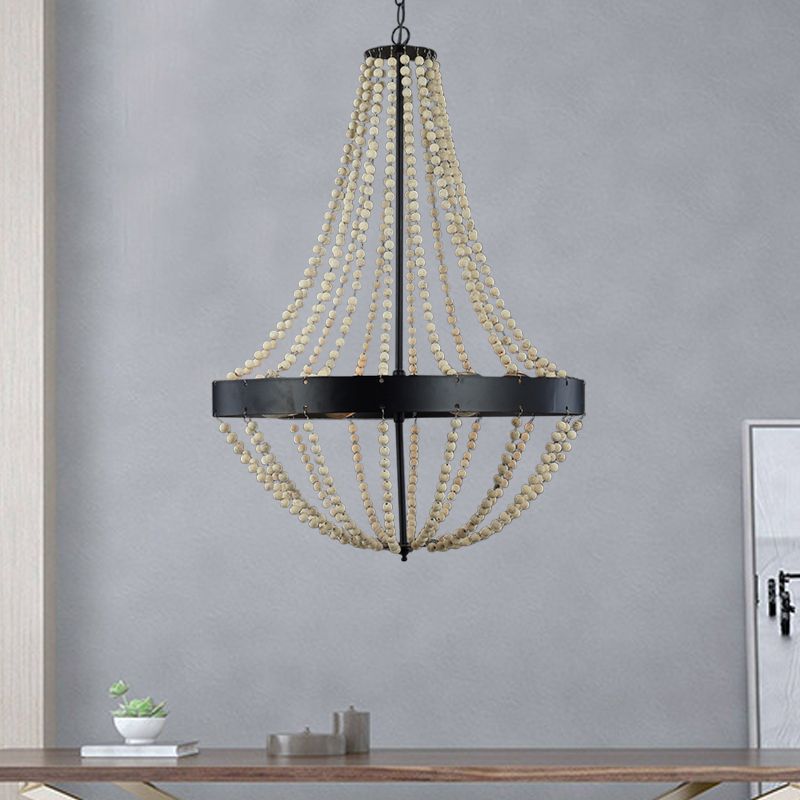Wood Laser-Cut Chandelier Lamp Retro 4 Heads Black Ceiling Pendant Light for Living Room