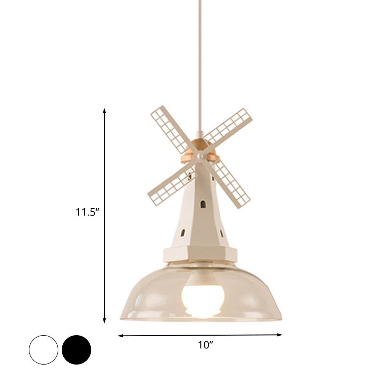Windmill Ceiling Lighting Designer 1 Head Iron White/Black Hanging Lamp Fixture with Bowl Clear Glass Shade