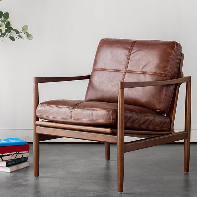 Pu Leather Arm Chair Square Arms Solid Wood Frame Pillow Back Chair