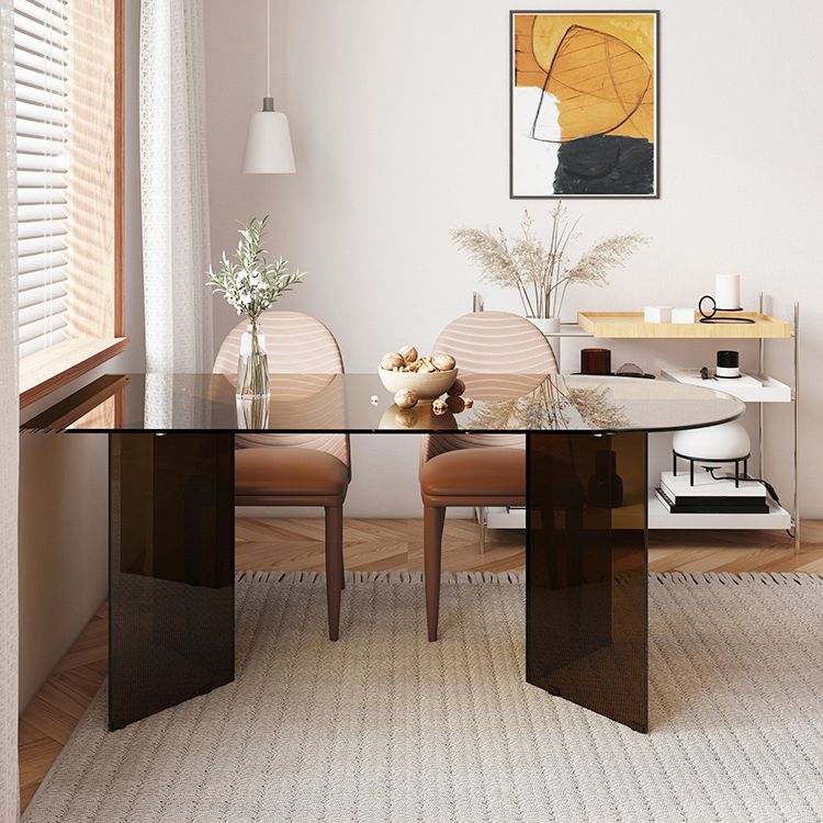 Tempered Glass Dining Table for Restaurant Modern Free Form Table with Double Pedestal