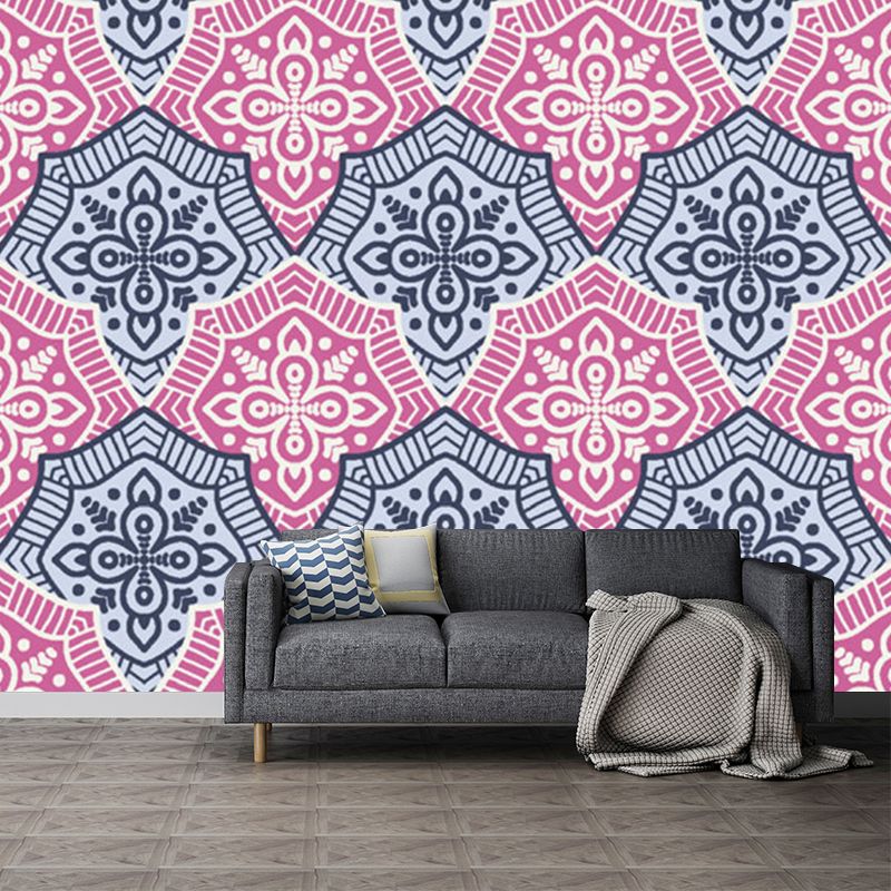 Pink-Blue Floral Wallpaper Murals Stain Resistant Boho-Chic Living Room Wall Art