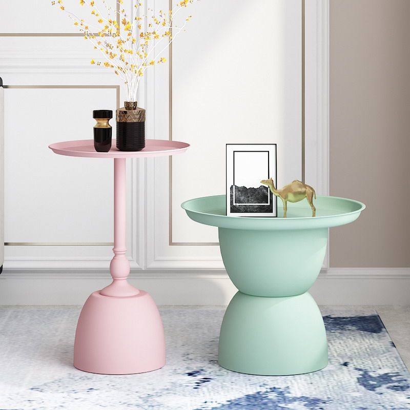 Iron Pedestal End Table Blue/ Pink Round Metal Tray Top Side End Table