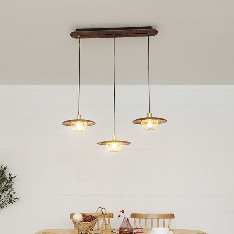 Disc Wooden Pendant Lighting Contemporary 1-Light Hanging Ceiling Light with Cage Bottom